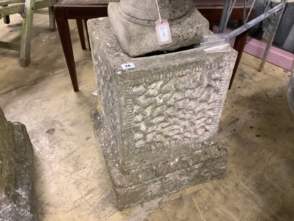 A pair of reconstituted stone urns on plinths, diameter 58cm, height 94cm